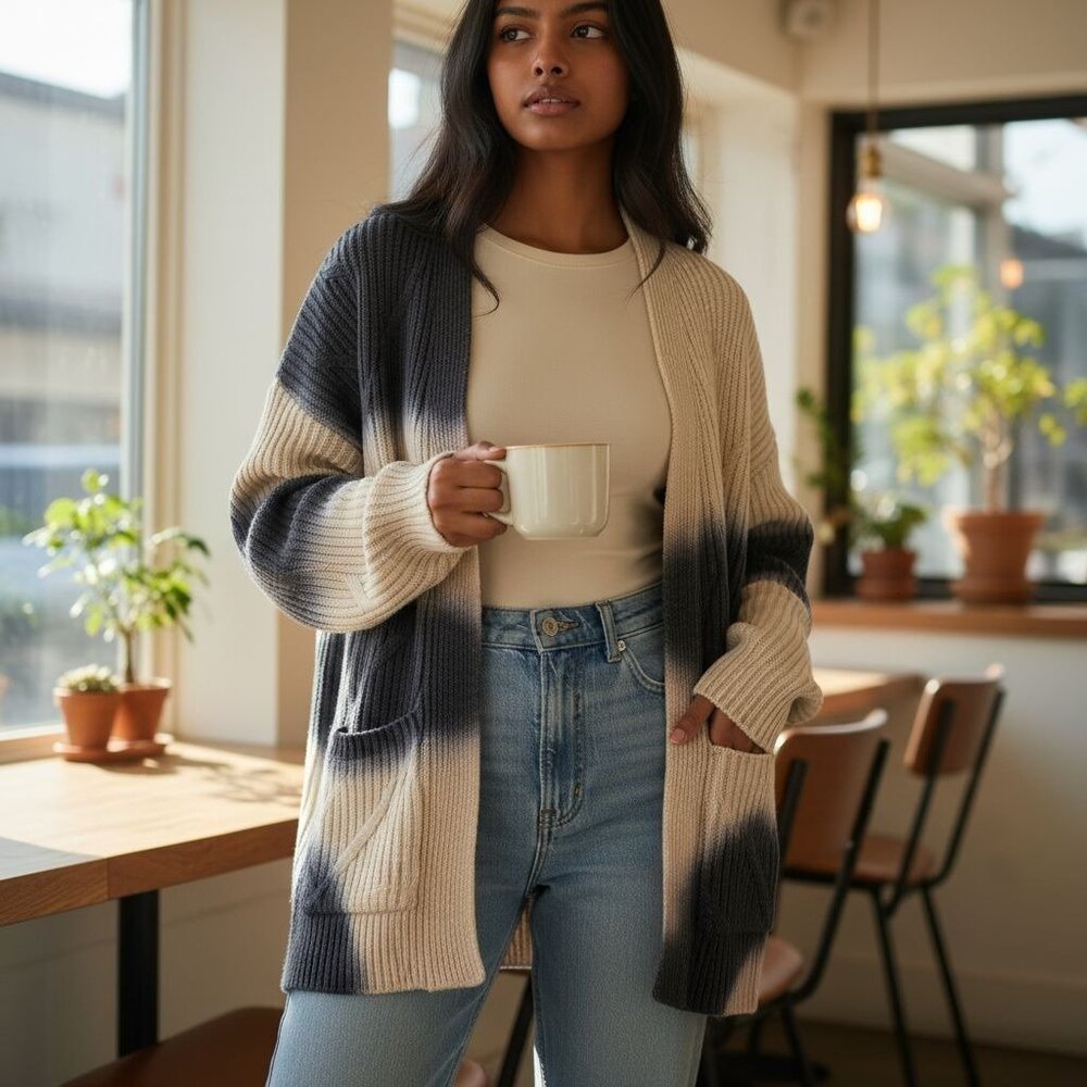 J.Jill Pure Jill Women's Cable Knit Cardigan Open Front Blue Ivory Tie-dye Large - Picture 14 of 16